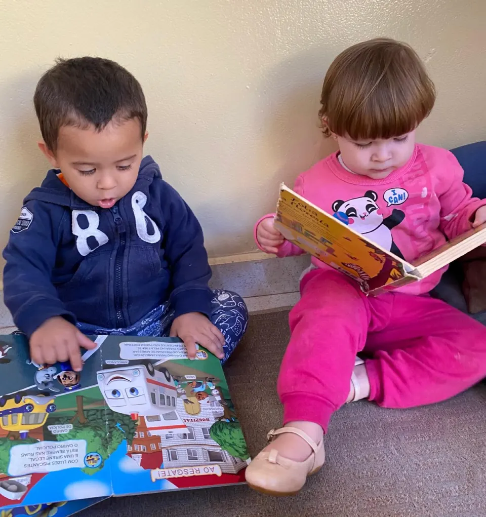 Duas crianças pequenas sentadas no chão folheando livros ilustrados